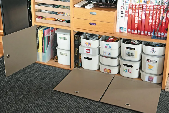 使用アイテム／スタッキングシェルフ・ワイド・2段、スタッキングシェルフ用FLAPトープ、やわらかポリエチレンケース・ハーフ・小など