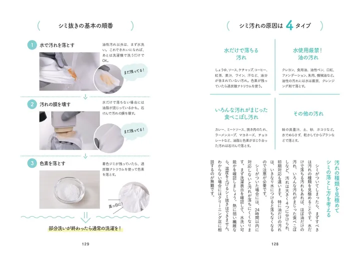 シミの性質により水で汚れを落とすべきか、ぬるま湯を使うべきか、そもそも水が厳禁かなど対処法が変わることも紹介