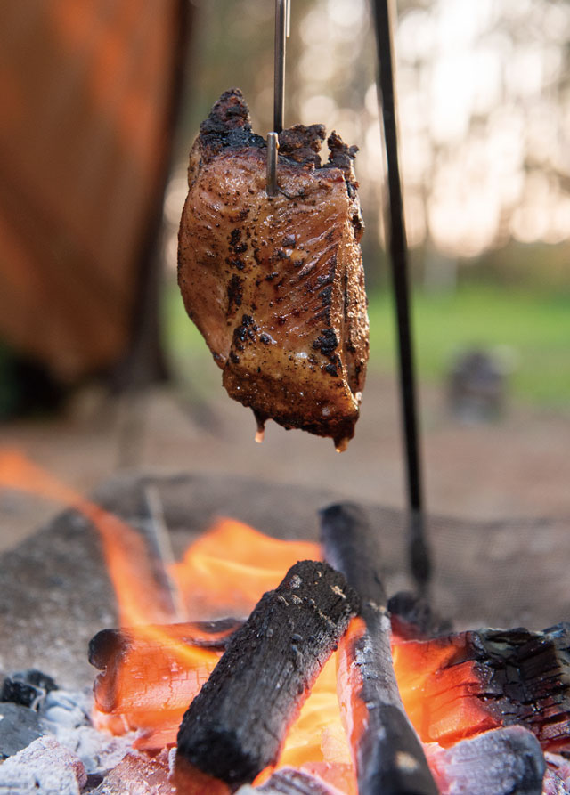 キャンプならではの豪快な焚火料理 豚塊肉の吊るし焼き ひとりぶんのキャンプごはん ダ ヴィンチニュース